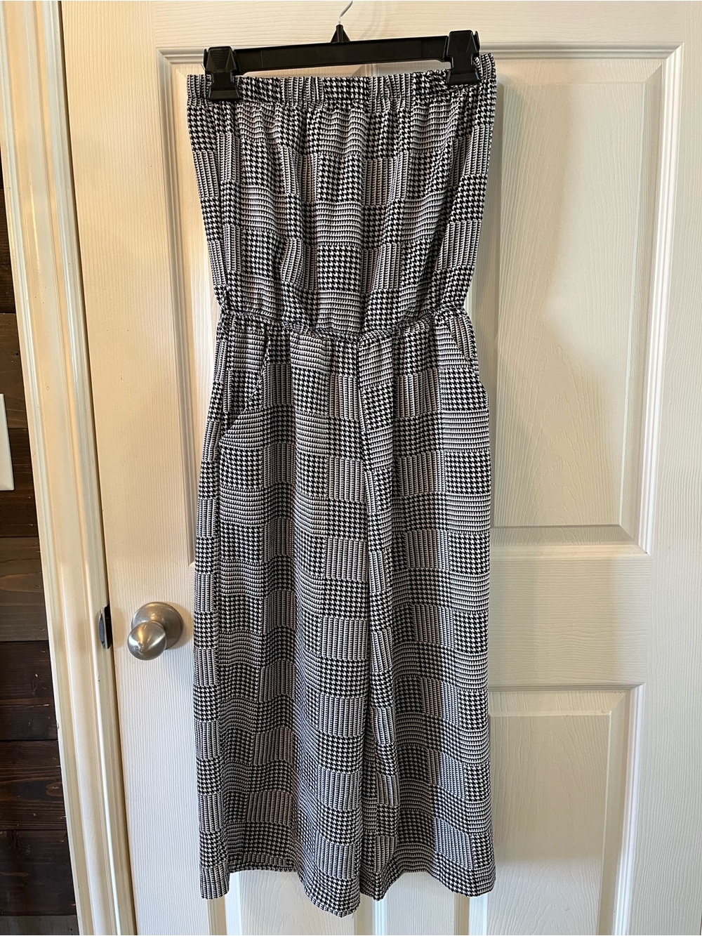Strapless Black & White Houndstooth Wide Leg Jumpsuit, Small